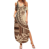 Samoa Siapo Mamanu Family Matching Summer Maxi Dress and Hawaiian Shirt Plumeria Mocha Motifs LT7 Mom's Dress Mocha - Polynesian Pride