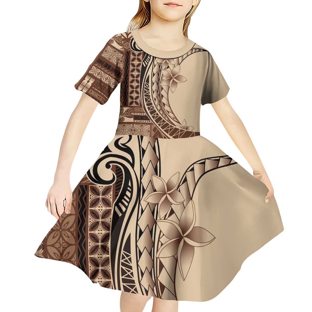 Samoa Siapo Mamanu Kid Short Sleeve Dress Plumeria Mocha Motifs