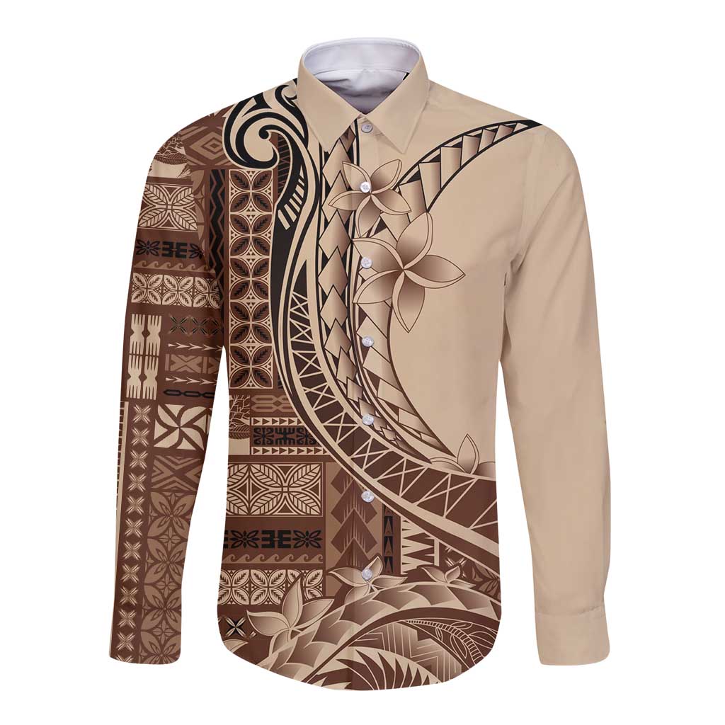 Samoa Siapo Mamanu Long Sleeve Button Shirt Plumeria Mocha Motifs