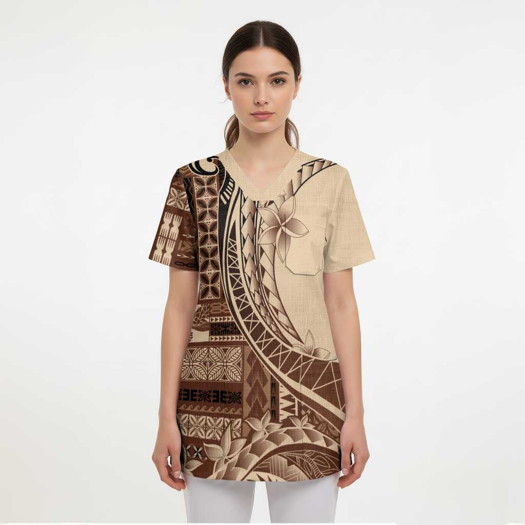 Samoa Siapo Mamanu Scrub Top Plumeria Mocha Motifs - Polynesian Pride