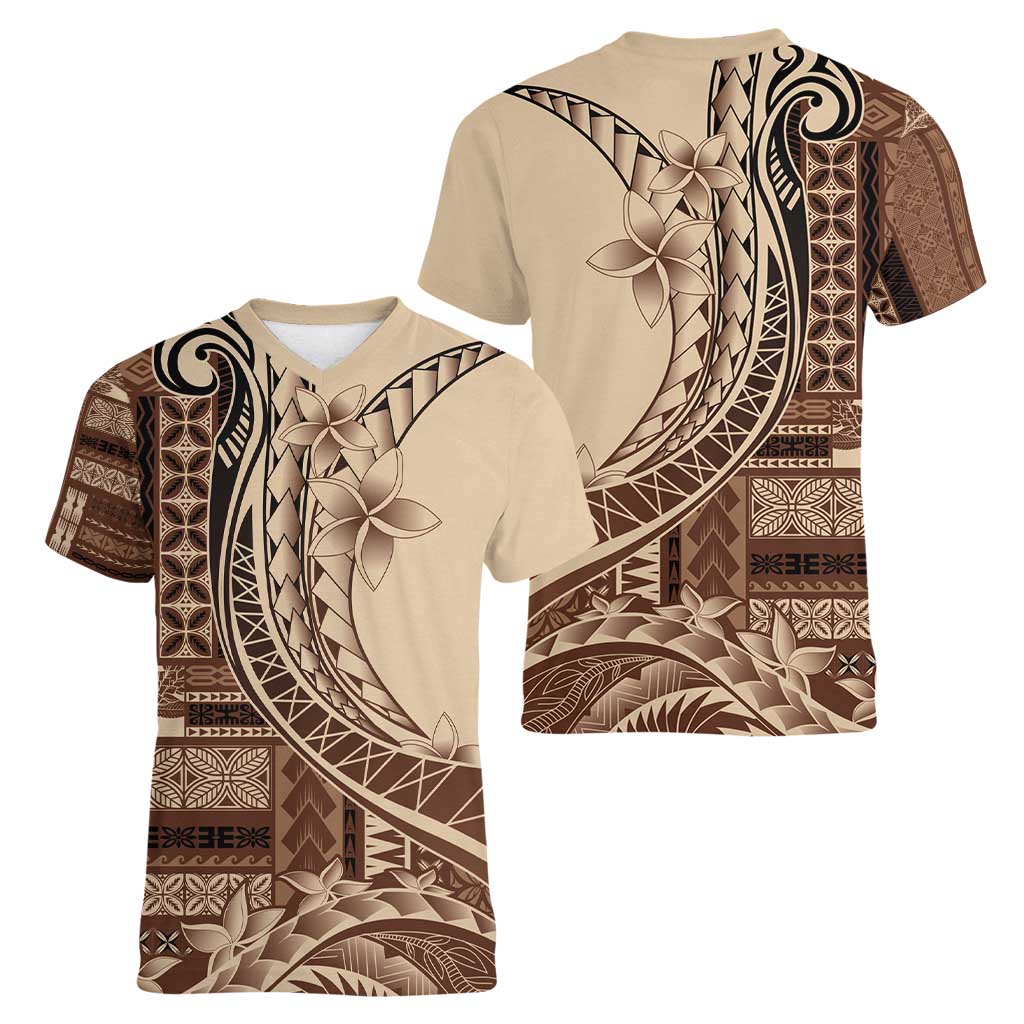 Samoa Siapo Mamanu Women V-Neck T-Shirt Plumeria Mocha Motifs