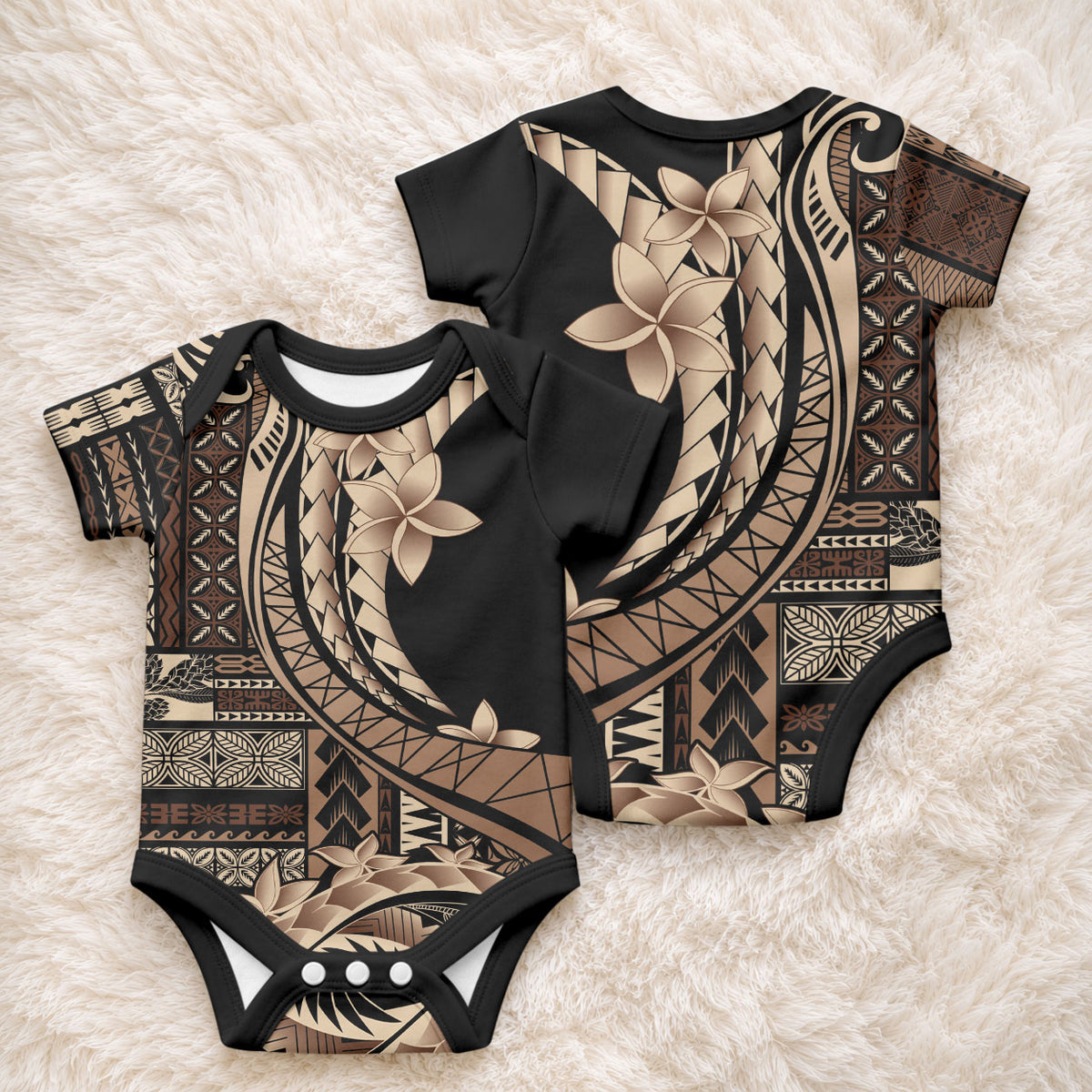 Samoa Siapo Mamanu Baby Onesie Plumeria Black Motifs LT7 - Polynesian Pride