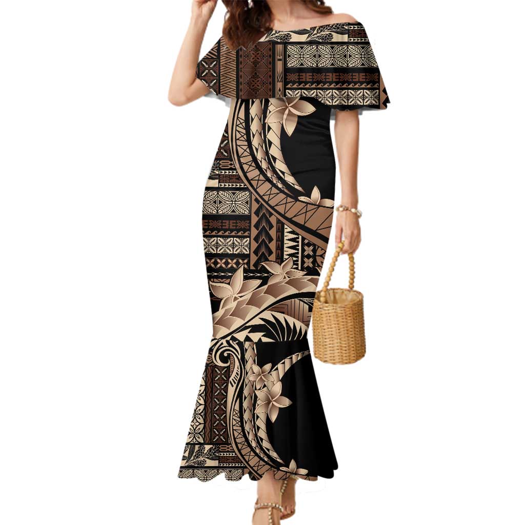 Samoa Siapo Mamanu Family Matching Mermaid Dress and Hawaiian Shirt Plumeria Black Motifs LT7 Mom's Dress Black - Polynesian Pride