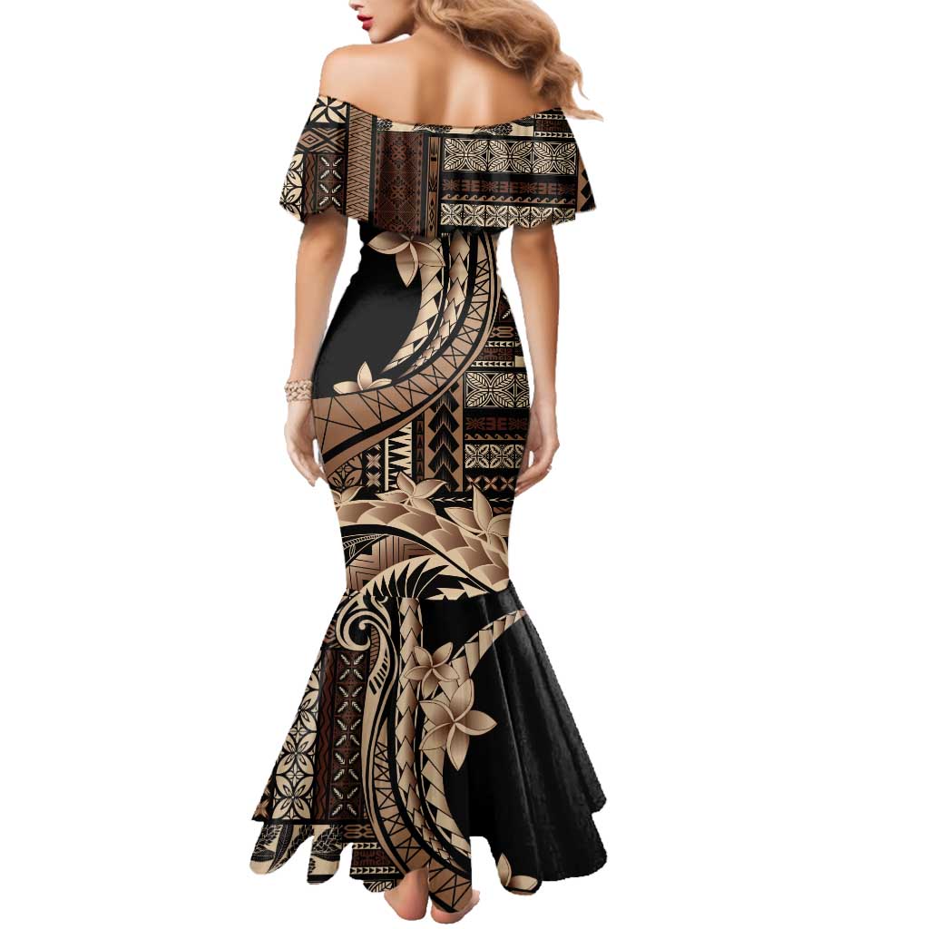 Samoa Siapo Mamanu Family Matching Mermaid Dress and Hawaiian Shirt Plumeria Black Motifs LT7 - Polynesian Pride