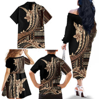 Samoa Siapo Mamanu Family Matching Off The Shoulder Long Sleeve Dress and Hawaiian Shirt Plumeria Black Motifs LT7 - Polynesian Pride