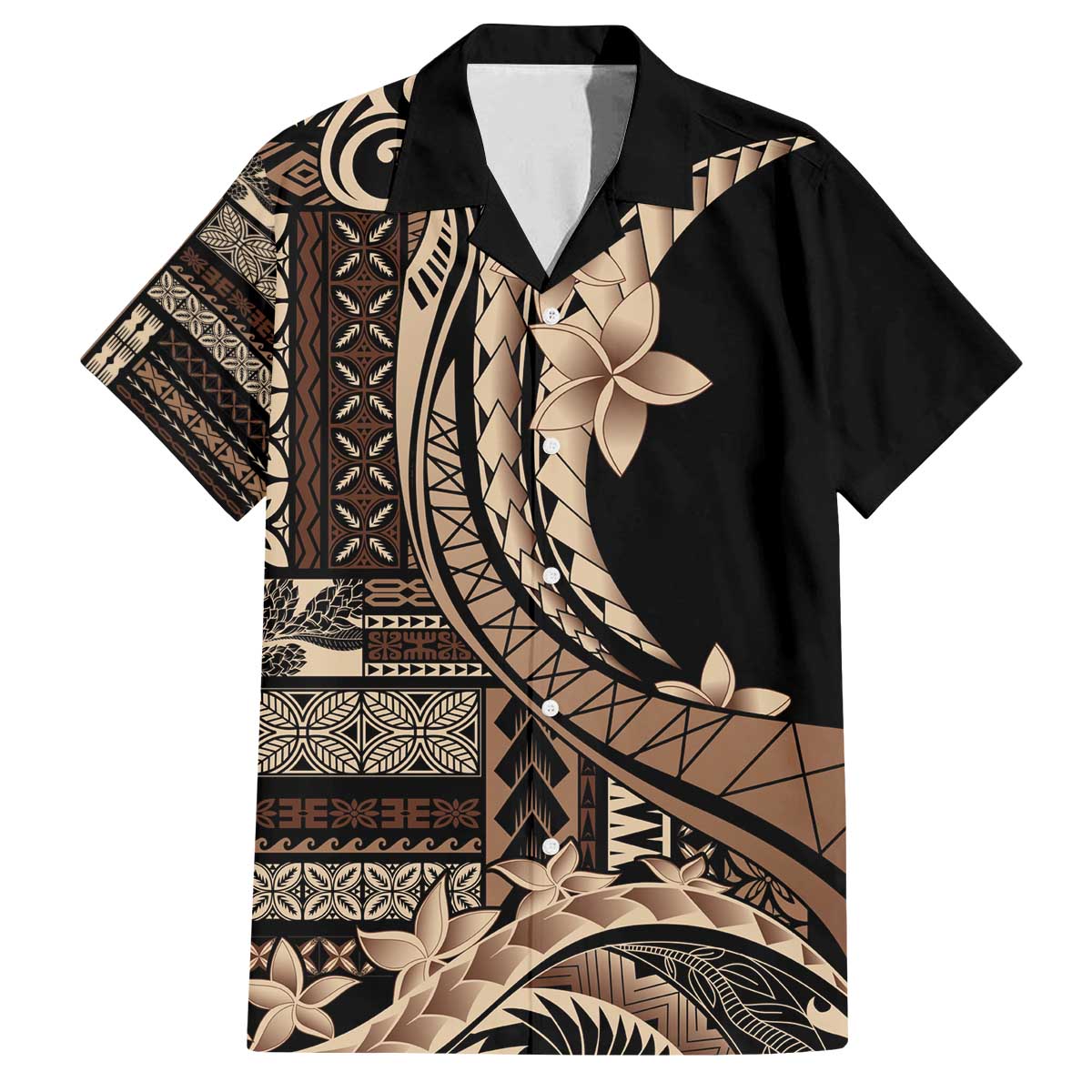 Samoa Siapo Mamanu Family Matching Off The Shoulder Long Sleeve Dress and Hawaiian Shirt Plumeria Black Motifs LT7 Dad's Shirt - Short Sleeve Black - Polynesian Pride