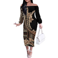 Samoa Siapo Mamanu Family Matching Off The Shoulder Long Sleeve Dress and Hawaiian Shirt Plumeria Black Motifs LT7 Mom's Dress Black - Polynesian Pride