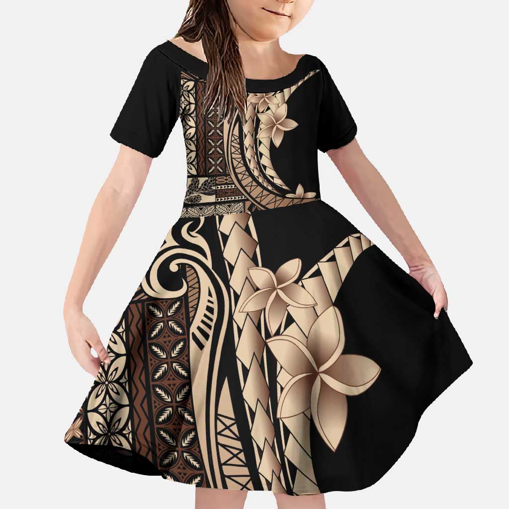 Samoa Siapo Mamanu Family Matching Off Shoulder Maxi Dress and Hawaiian Shirt Plumeria Black Motifs LT7 Daughter's Dress Black - Polynesian Pride