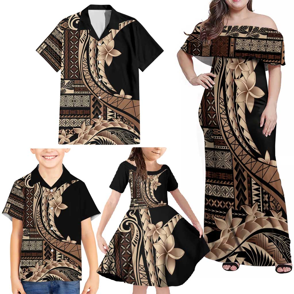 Samoa Siapo Mamanu Family Matching Off Shoulder Maxi Dress and Hawaiian Shirt Plumeria Black Motifs LT7 - Polynesian Pride