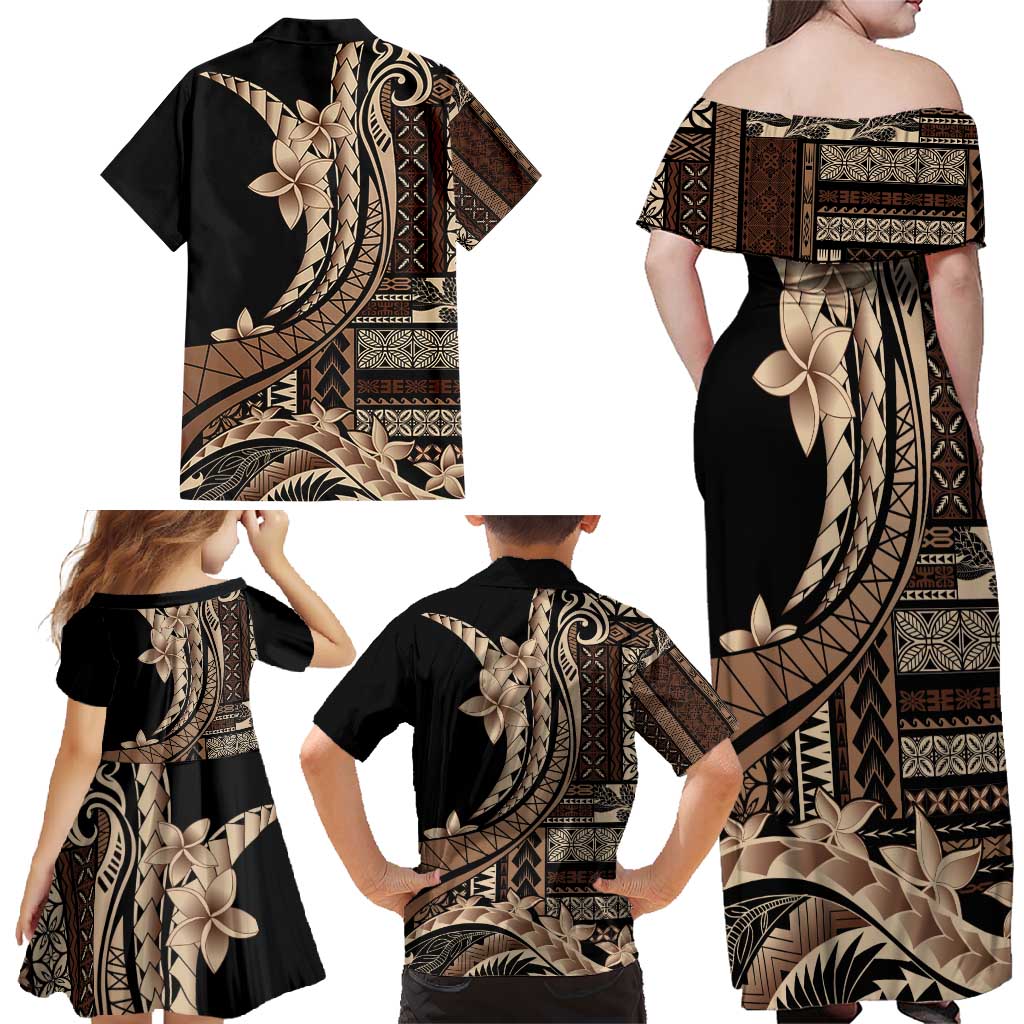 Samoa Siapo Mamanu Family Matching Off Shoulder Maxi Dress and Hawaiian Shirt Plumeria Black Motifs LT7 - Polynesian Pride