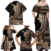 Samoa Siapo Mamanu Family Matching Off Shoulder Maxi Dress and Hawaiian Shirt Plumeria Black Motifs LT7 - Polynesian Pride
