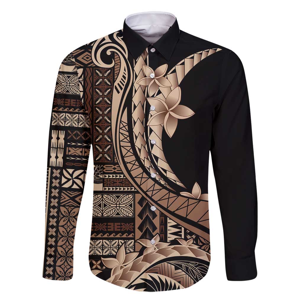 Samoa Siapo Mamanu Family Matching Off Shoulder Maxi Dress and Hawaiian Shirt Plumeria Black Motifs LT7 Dad's Shirt - Long Sleeve Black - Polynesian Pride