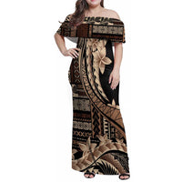 Samoa Siapo Mamanu Family Matching Off Shoulder Maxi Dress and Hawaiian Shirt Plumeria Black Motifs LT7 Mom's Dress Black - Polynesian Pride
