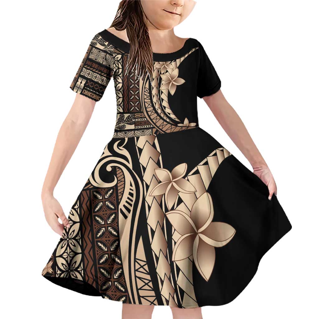 Samoa Siapo Mamanu Family Matching Off Shoulder Short Dress and Hawaiian Shirt Plumeria Black Motifs LT7 Daughter's Dress Black - Polynesian Pride