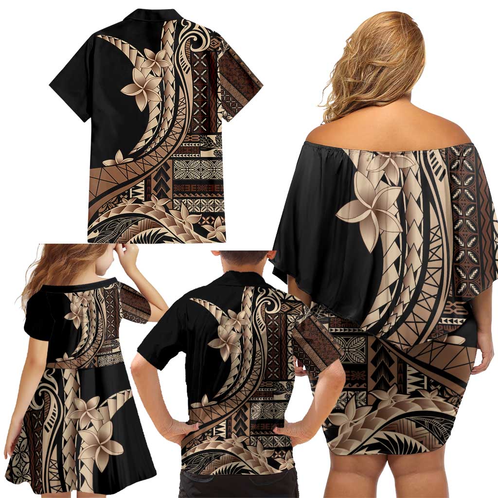 Samoa Siapo Mamanu Family Matching Off Shoulder Short Dress and Hawaiian Shirt Plumeria Black Motifs LT7 - Polynesian Pride