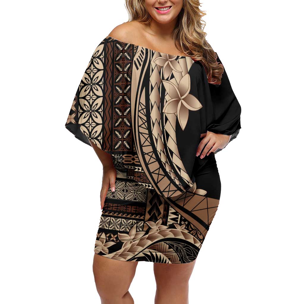 Samoa Siapo Mamanu Family Matching Off Shoulder Short Dress and Hawaiian Shirt Plumeria Black Motifs LT7 Mom's Dress Black - Polynesian Pride