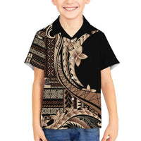 Samoa Siapo Mamanu Family Matching Off Shoulder Short Dress and Hawaiian Shirt Plumeria Black Motifs LT7 Son's Shirt Black - Polynesian Pride