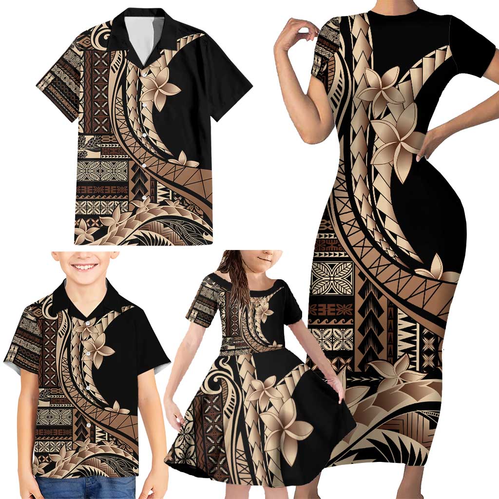 Samoa Siapo Mamanu Family Matching Short Sleeve Bodycon Dress and Hawaiian Shirt Plumeria Black Motifs LT7 - Polynesian Pride