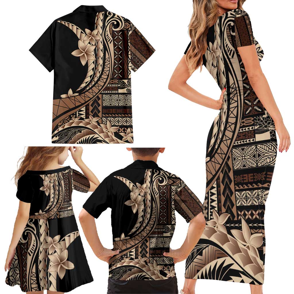 Samoa Siapo Mamanu Family Matching Short Sleeve Bodycon Dress and Hawaiian Shirt Plumeria Black Motifs LT7 - Polynesian Pride