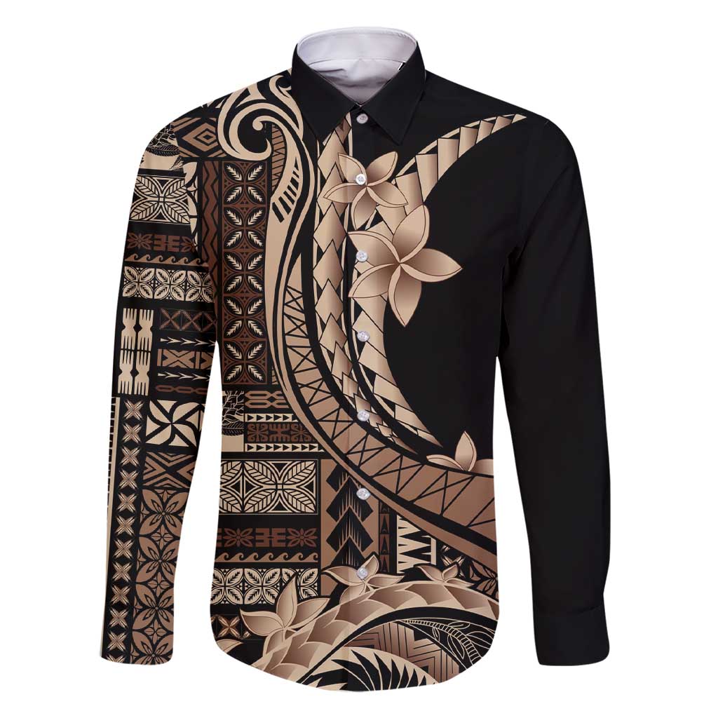 Samoa Siapo Mamanu Family Matching Short Sleeve Bodycon Dress and Hawaiian Shirt Plumeria Black Motifs LT7 Dad's Shirt - Long Sleeve Black - Polynesian Pride