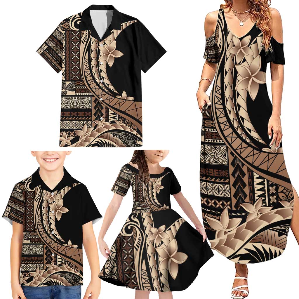 Samoa Siapo Mamanu Family Matching Summer Maxi Dress and Hawaiian Shirt Plumeria Black Motifs LT7 - Polynesian Pride