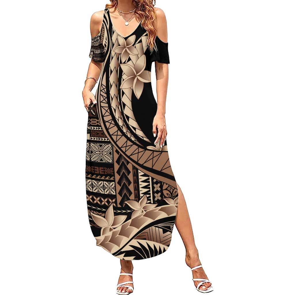 Samoa Siapo Mamanu Family Matching Summer Maxi Dress and Hawaiian Shirt Plumeria Black Motifs LT7 Mom's Dress Black - Polynesian Pride