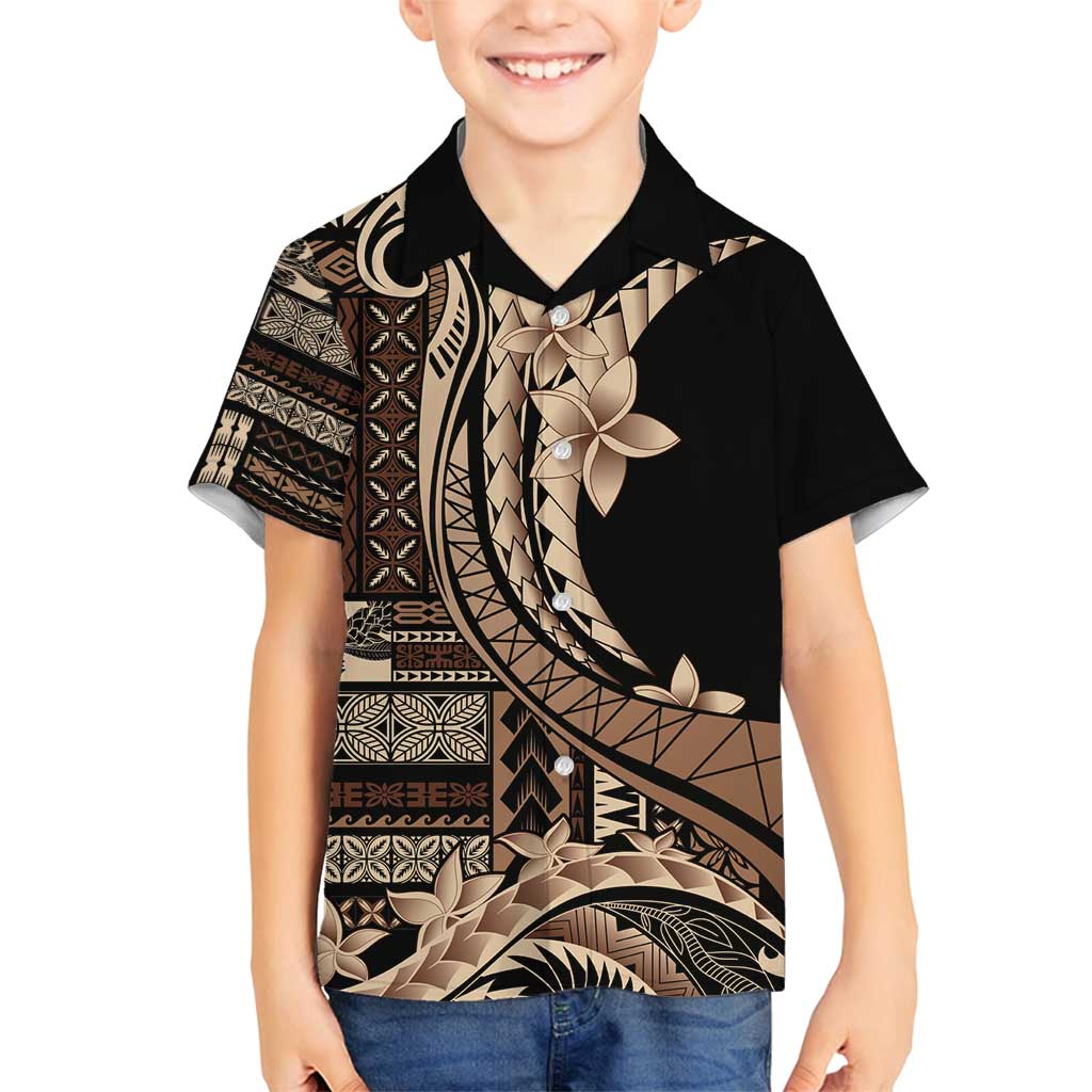Samoa Siapo Mamanu Family Matching Summer Maxi Dress and Hawaiian Shirt Plumeria Black Motifs LT7 Son's Shirt Black - Polynesian Pride