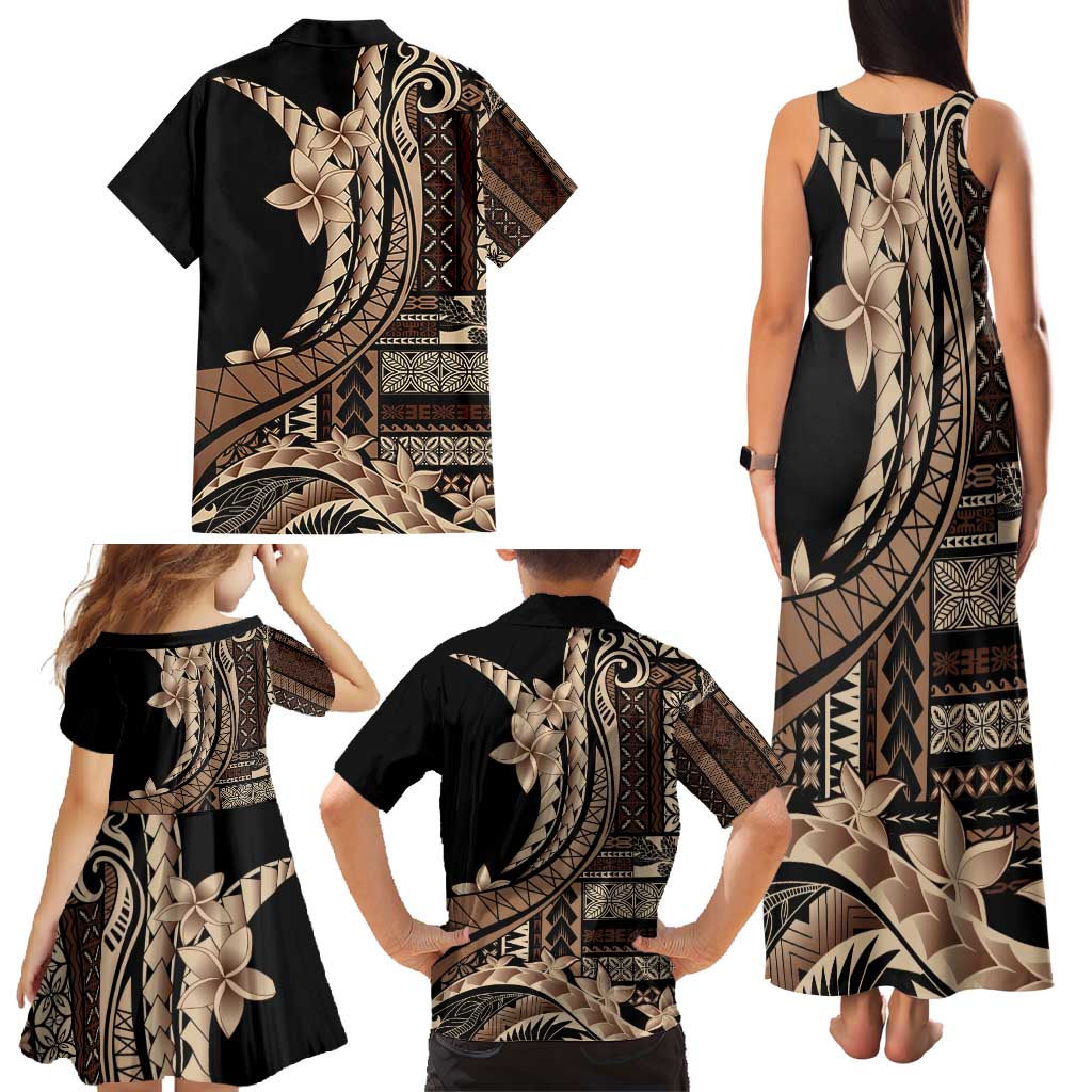 Samoa Siapo Mamanu Family Matching Tank Maxi Dress and Hawaiian Shirt Plumeria Black Motifs LT7 - Polynesian Pride