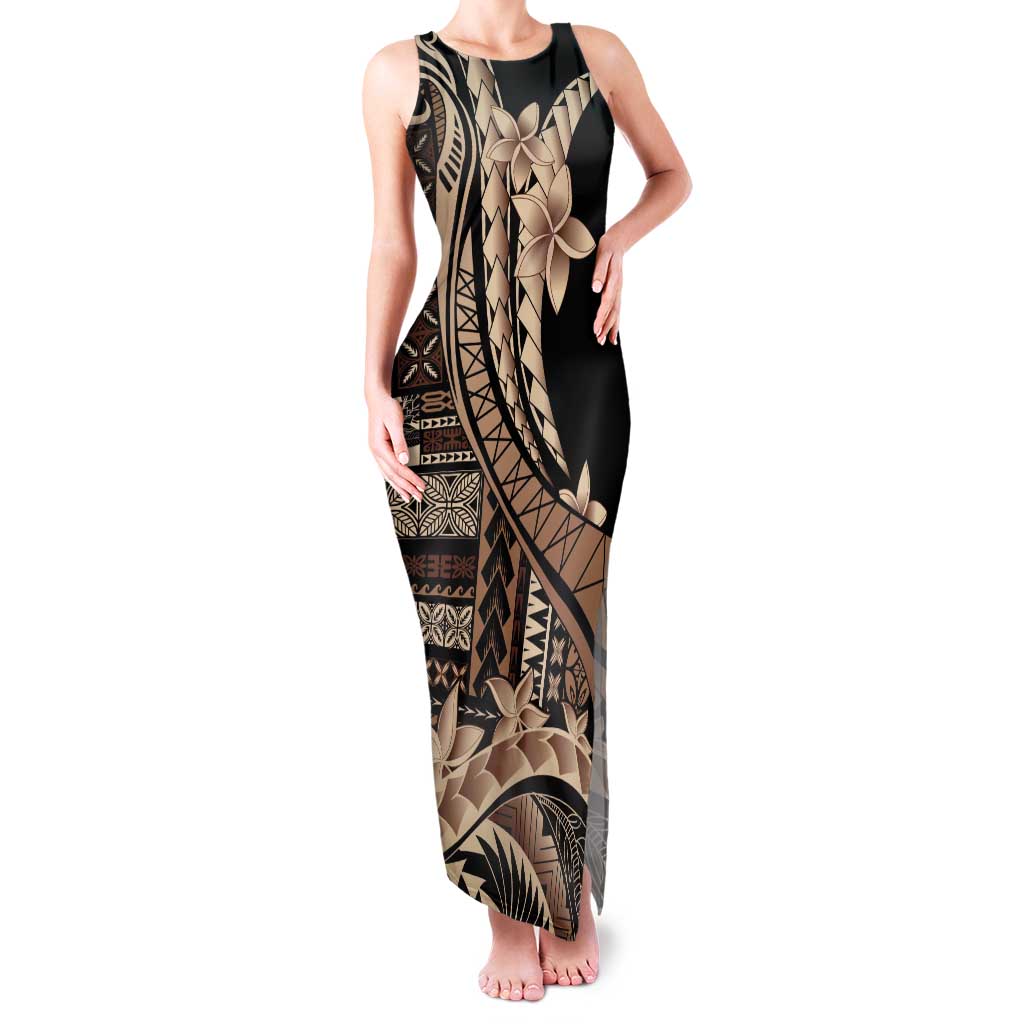 Samoa Siapo Mamanu Family Matching Tank Maxi Dress and Hawaiian Shirt Plumeria Black Motifs LT7 Mom's Dress Black - Polynesian Pride
