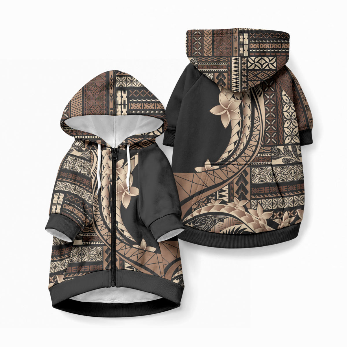 Samoa Siapo Mamanu Pet Hoodie Plumeria Black Motifs LT7 Zip-up Black - Polynesian Pride