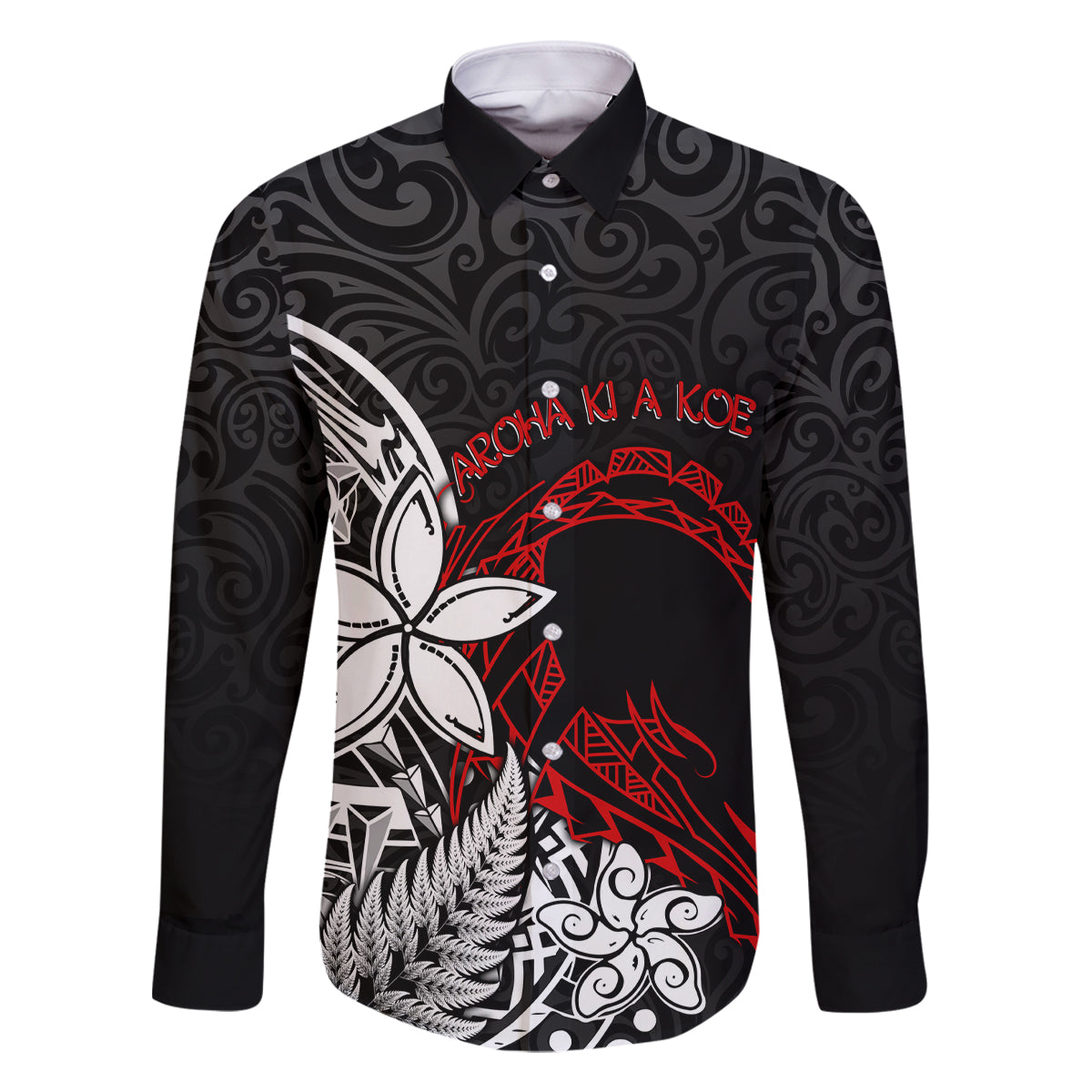 New Zealand Aotearoa Valentine Family Matching Summer Maxi Dress and Hawaiian Shirt Couple Maori Aroha Ki a Koe Ver.02 LT7 Dad's Shirt - Long Sleeve Black - Polynesian Pride