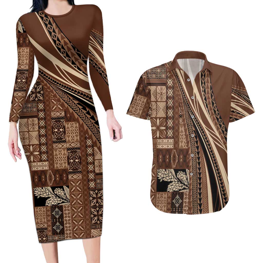 Pasifika Women's Day - Samoa Siapo Malu Tattoo Inspired Couples Matching Long Sleeve Bodycon Dress and Hawaiian Shirt Brown