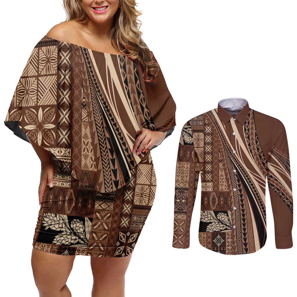 Pasifika Women's Day - Samoa Siapo Malu Tattoo Inspired Couples Matching Off Shoulder Short Dress and Long Sleeve Button Shirt Brown