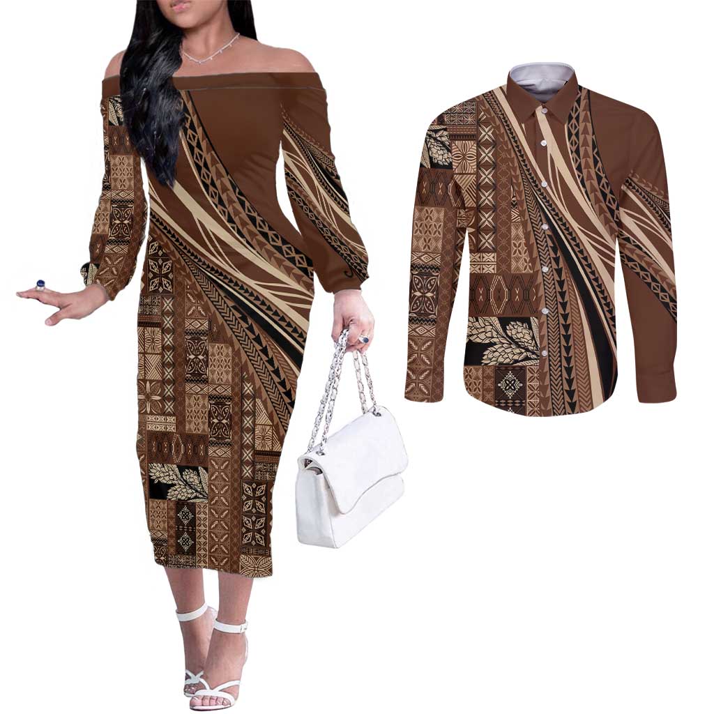 Pasifika Women's Day - Samoa Siapo Malu Tattoo Inspired Couples Matching Off The Shoulder Long Sleeve Dress and Long Sleeve Button Shirt Brown
