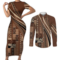 Pasifika Women's Day - Samoa Siapo Malu Tattoo Inspired Couples Matching Short Sleeve Bodycon Dress and Long Sleeve Button Shirt Brown