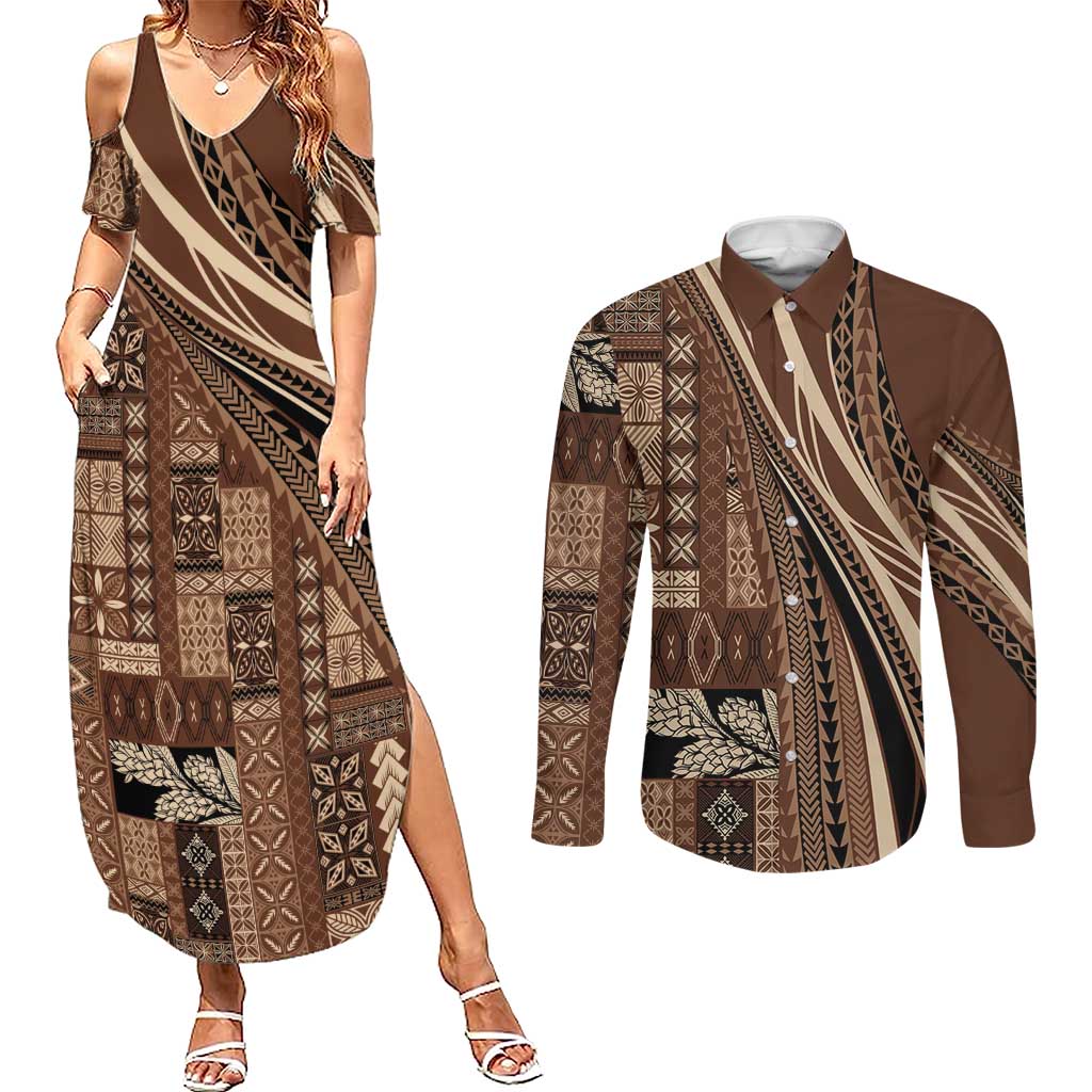 Pasifika Women's Day - Samoa Siapo Malu Tattoo Inspired Couples Matching Summer Maxi Dress and Long Sleeve Button Shirt Brown