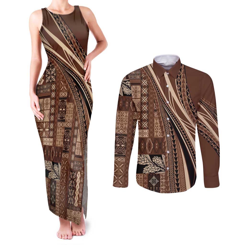 Pasifika Women's Day - Samoa Siapo Malu Tattoo Inspired Couples Matching Tank Maxi Dress and Long Sleeve Button Shirt Brown
