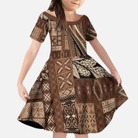 Pasifika Women's Day - Samoa Siapo Malu Tattoo Inspired Family Matching Long Sleeve Bodycon Dress and Hawaiian Shirt Brown LT7 Daughter's Dress Brown - Polynesian Pride