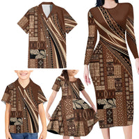Pasifika Women's Day - Samoa Siapo Malu Tattoo Inspired Family Matching Long Sleeve Bodycon Dress and Hawaiian Shirt Brown LT7 - Polynesian Pride
