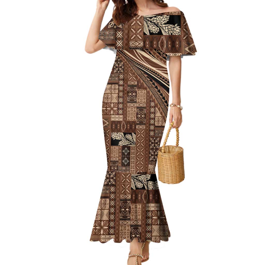 Pasifika Women's Day - Samoa Siapo Malu Tattoo Inspired Family Matching Mermaid Dress and Hawaiian Shirt Brown LT7 Mom's Dress Brown - Polynesian Pride