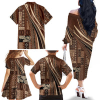 Pasifika Women's Day - Samoa Siapo Malu Tattoo Inspired Family Matching Off The Shoulder Long Sleeve Dress and Hawaiian Shirt Brown LT7 - Polynesian Pride