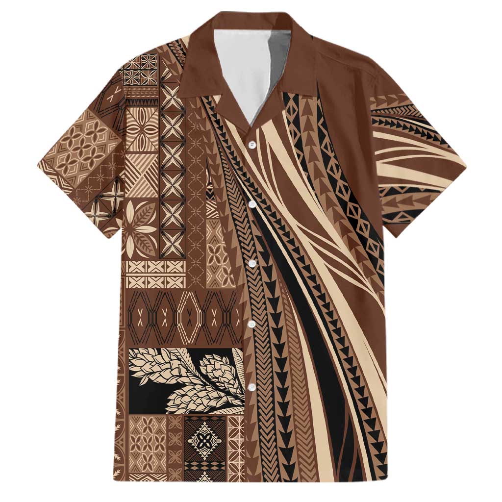 Pasifika Women's Day - Samoa Siapo Malu Tattoo Inspired Family Matching Off The Shoulder Long Sleeve Dress and Hawaiian Shirt Brown LT7 Dad's Shirt - Short Sleeve Brown - Polynesian Pride