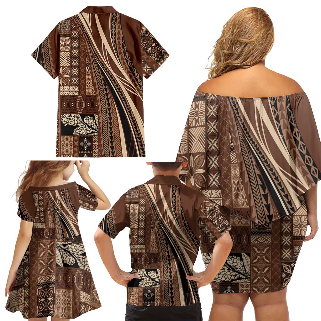 Pasifika Women's Day - Samoa Siapo Malu Tattoo Inspired Family Matching Off Shoulder Short Dress and Hawaiian Shirt Brown LT7 - Polynesian Pride