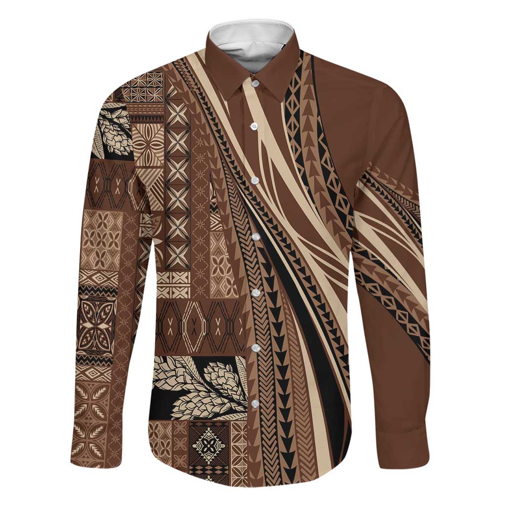 Pasifika Women's Day - Samoa Siapo Malu Tattoo Inspired Family Matching Off Shoulder Short Dress and Hawaiian Shirt Brown LT7 Dad's Shirt - Long Sleeve Brown - Polynesian Pride