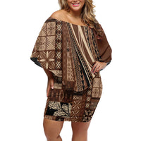 Pasifika Women's Day - Samoa Siapo Malu Tattoo Inspired Family Matching Off Shoulder Short Dress and Hawaiian Shirt Brown LT7 Mom's Dress Brown - Polynesian Pride