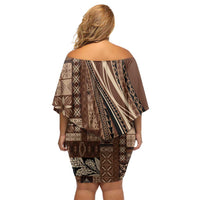 Pasifika Women's Day - Samoa Siapo Malu Tattoo Inspired Family Matching Off Shoulder Short Dress and Hawaiian Shirt Brown LT7 - Polynesian Pride