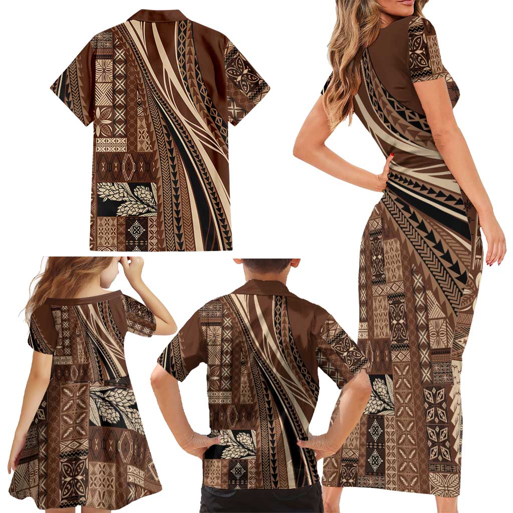 Pasifika Women's Day - Samoa Siapo Malu Tattoo Inspired Family Matching Short Sleeve Bodycon Dress and Hawaiian Shirt Brown LT7 - Polynesian Pride