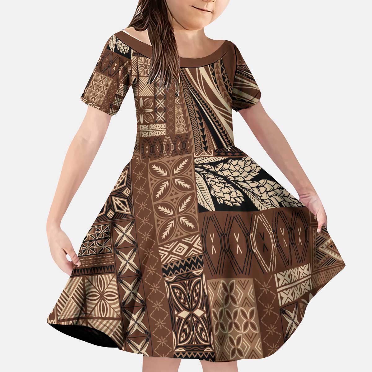 Pasifika Women's Day - Samoa Siapo Malu Tattoo Inspired Kid Short Sleeve Dress Brown