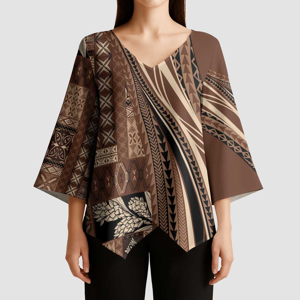 Pasifika Women's Day - Samoa Siapo Malu Tattoo Inspired Kimono Sleeve Blouse Brown