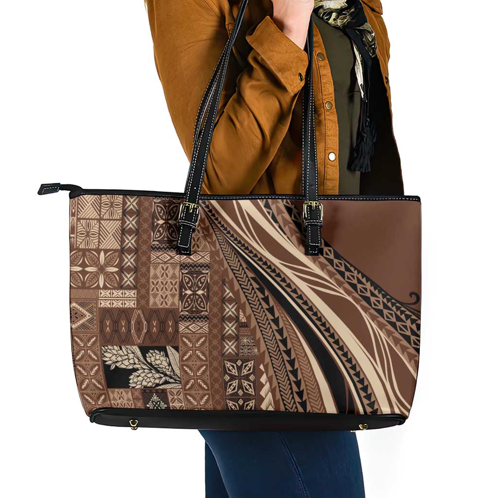 Pasifika Women's Day - Samoa Siapo Malu Tattoo Inspired Leather Tote Bag Brown